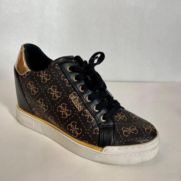 Guess GW Flowurs Wedge Sneakers in Brown and Metallic Gold Multi 8.5M - Picture 3 of 13